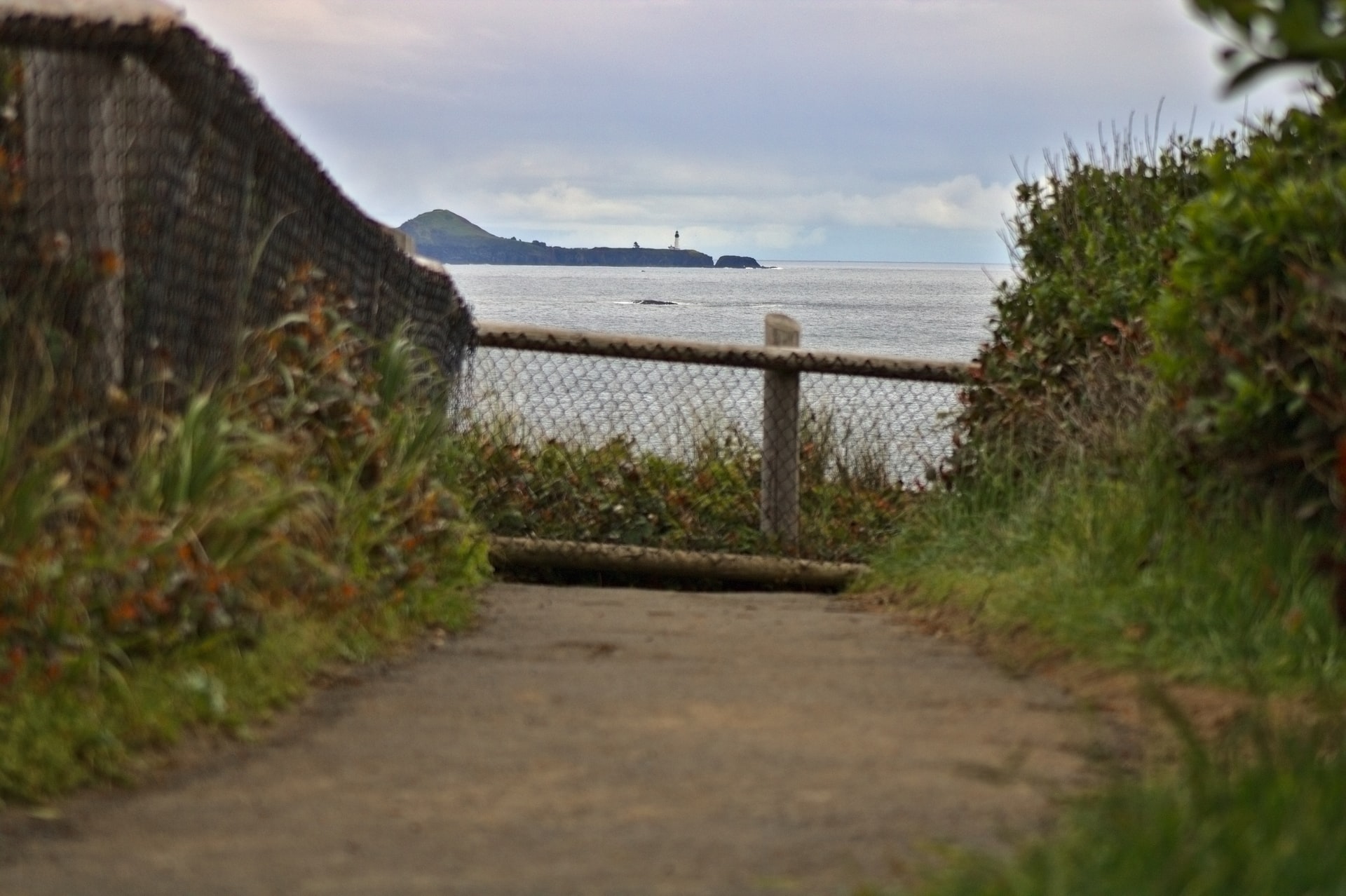 View of trail at the ocean with lighthouse in the background