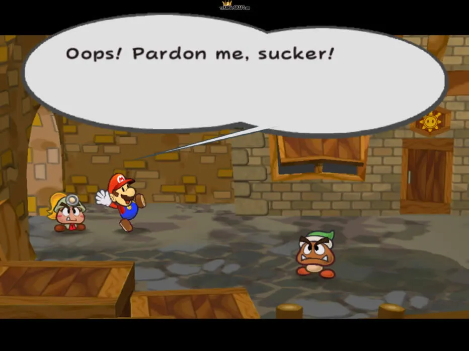 Mario in Rogueport with one of the shady goombas on screen