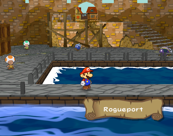 Mario at the Rogueport Dock with worker toads visible to the left