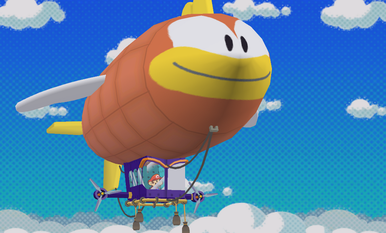 Mario aboard the Cheep Blimp to Glitzville