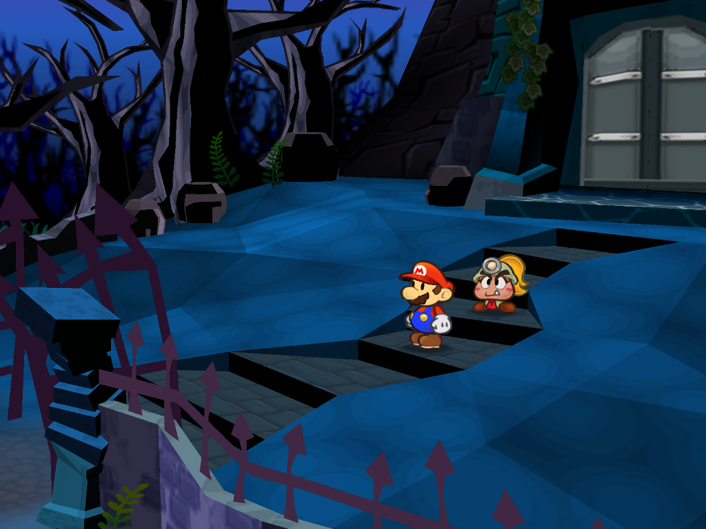 Mario and Goombella outside Creepy Steeple