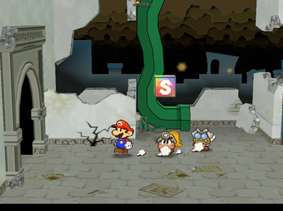 Mario, Goombella, and Frankly in the East Sewers