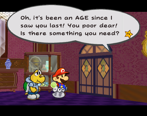 Mario, Koops, and Punio speaking with Flurrie in her house