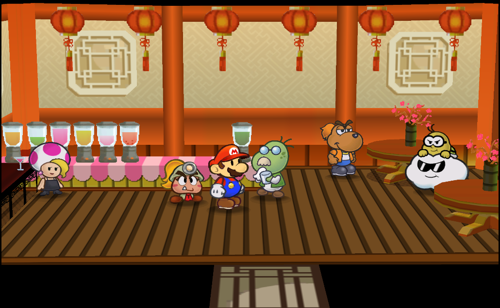 Mario and Goombella with Podler in the Fresh Juice Shop