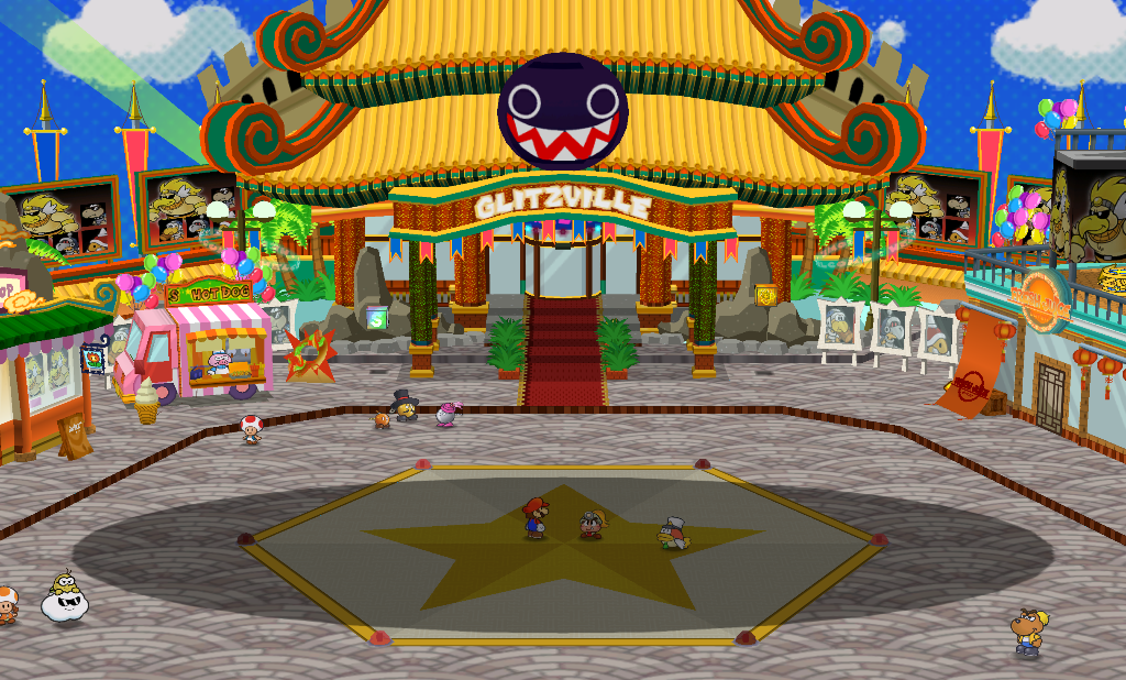 Mario and Goombella in Glitzville Square