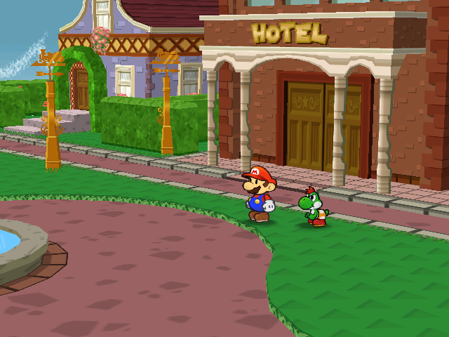 Mario and Yoshi in front of the hotel in Poshley Heights