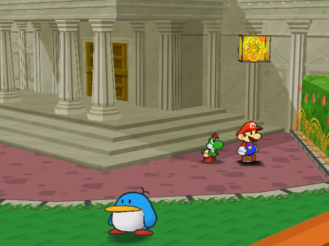 Mario and Yoshi outside Poshley Sanctum