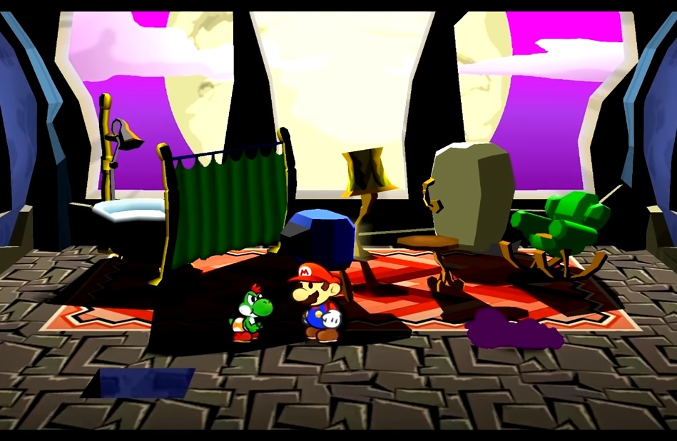 Mario and Yoshi in Doopliss' lair atop Creepy Steeple