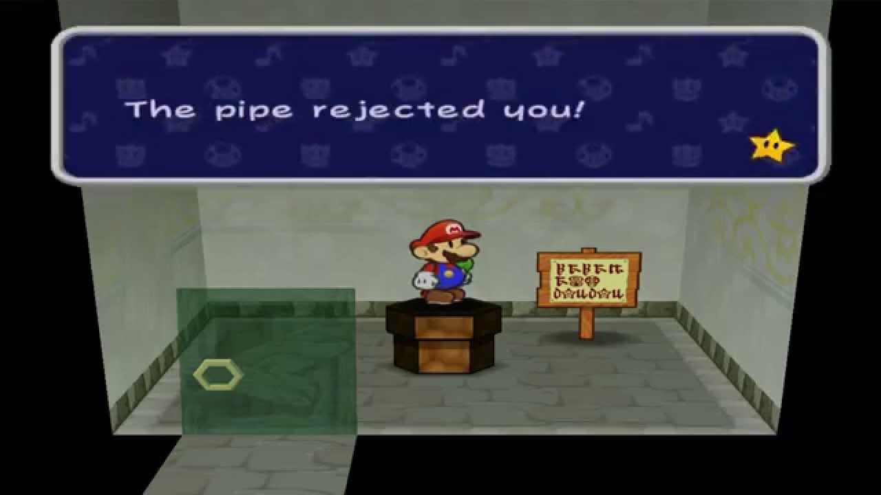 Mario in the Twilight Town Entrance room being rejected by the pipe