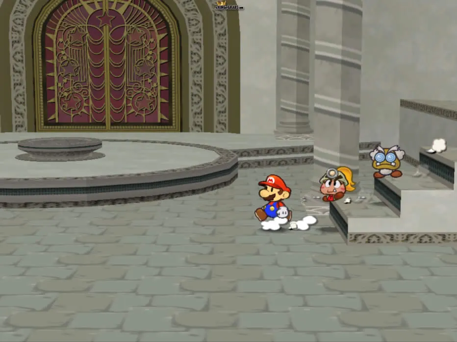 Mario, Goombella, and Frankly in the room containing the Thousand-Year Door